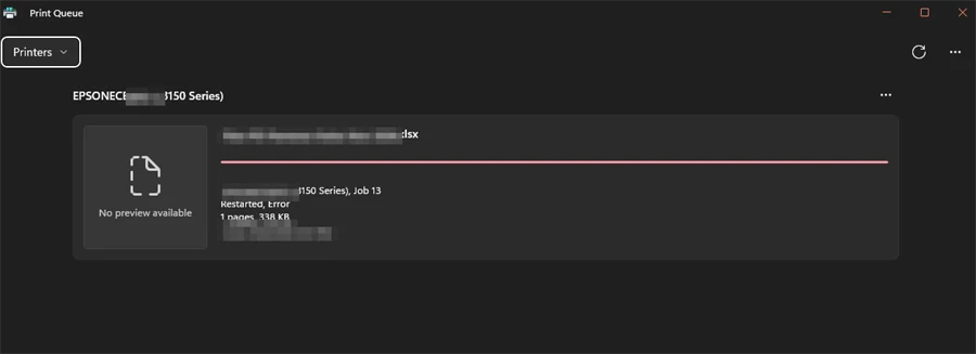 Print Queue printer Epson L3150 dengan satu dokumen berstatus Restarted, Error; nama berkas diburamkan
