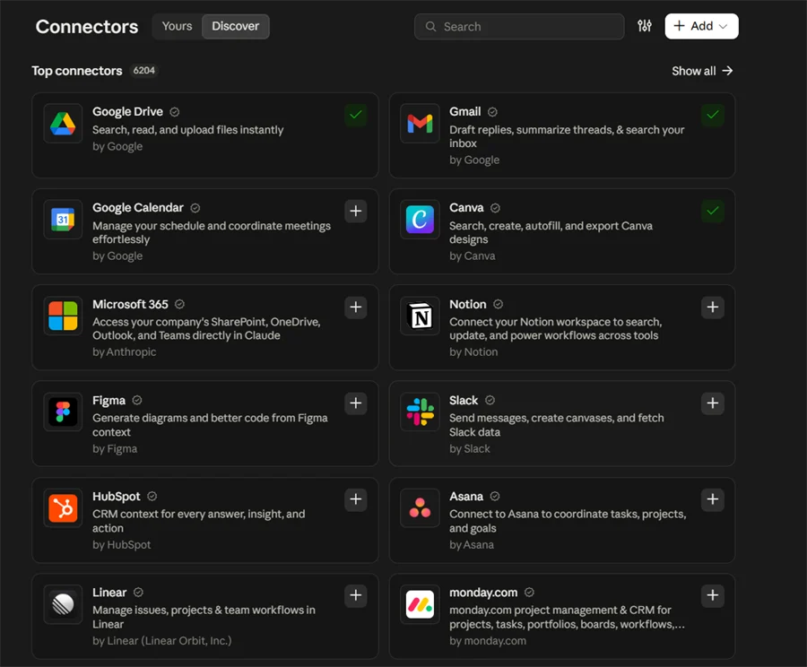 Halaman Connectors, tab Discover, di Claude: Google Drive, Gmail, dan Canva sudah tersambung, sedangkan Google Calendar, Microsoft 365, Notion, dan Slack masih bisa ditambahkan