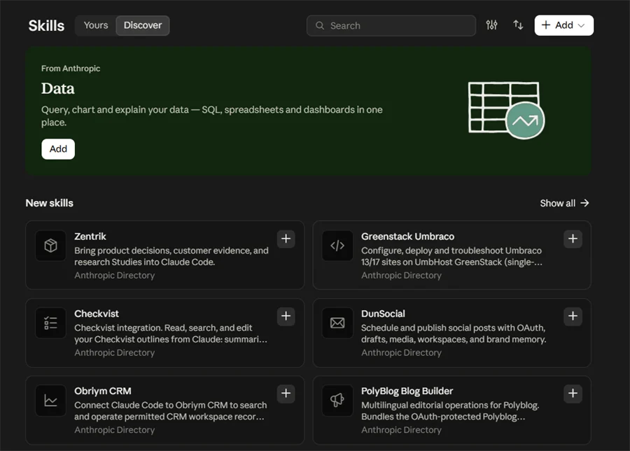 Halaman Skills, tab Discover, di Claude: skill Data dari Anthropic untuk bertanya, membuat grafik, dan menjelaskan data dari SQL, spreadsheet, dan dashboard