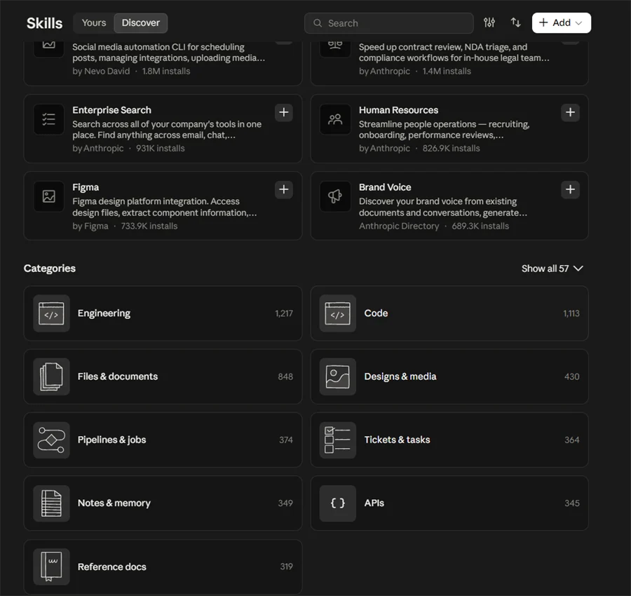 Bagian bawah halaman Skills di Claude dengan skill populer seperti Enterprise Search, Human Resources, Figma, dan Brand Voice, serta daftar kategori skill