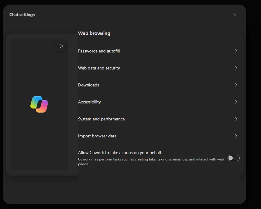 Chat settings Copilot bagian Web browsing dengan opsi Allow Cowork to take actions on your behalf dalam keadaan mati