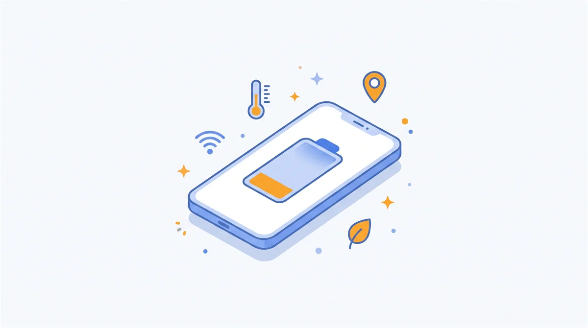 Ilustrasi ponsel dengan ikon baterai yang tinggal sedikit, dikelilingi termometer, simbol wifi, penanda lokasi, dan daun hemat daya
