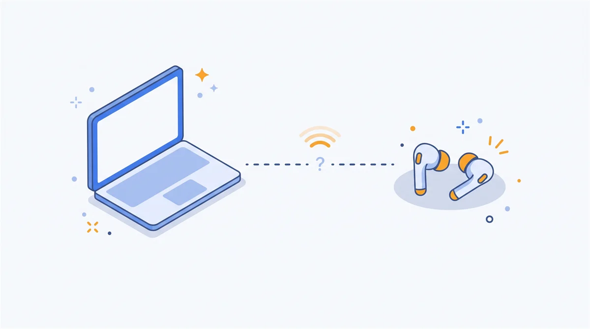 Ilustrasi laptop dan earbud nirkabel yang terhubung garis putus-putus dengan tanda tanya di tengah