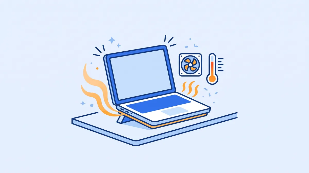 Ilustrasi laptop di atas penyangga dengan uap panas, kipas, dan termometer
