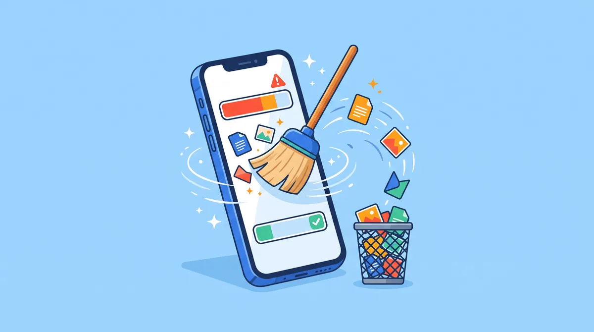 Ilustrasi sapu membersihkan berkas sampah dari ponsel ke dalam keranjang