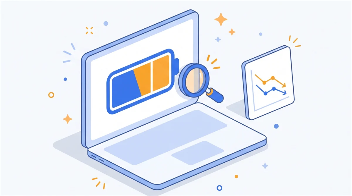 Ilustrasi laptop dengan indikator baterai terisi sebagian, kaca pembesar di atasnya, dan kartu grafik yang menurun di sampingnya