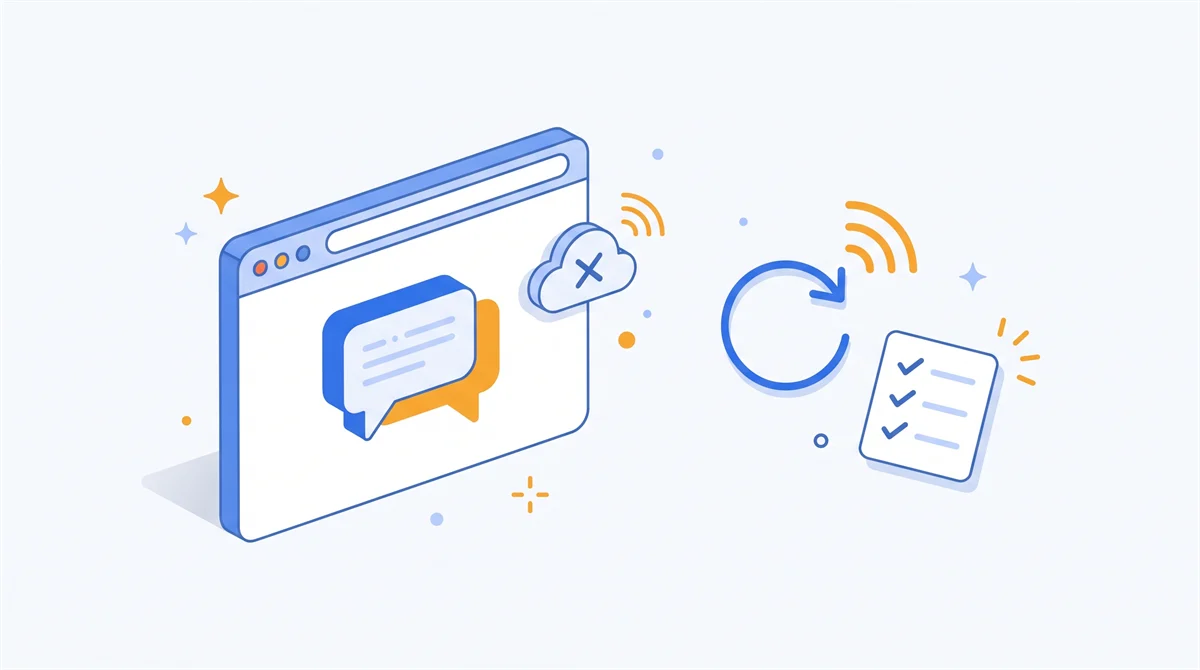Ilustrasi jendela browser berisi gelembung chat, awan bersilang, panah muat ulang, dan kartu daftar periksa