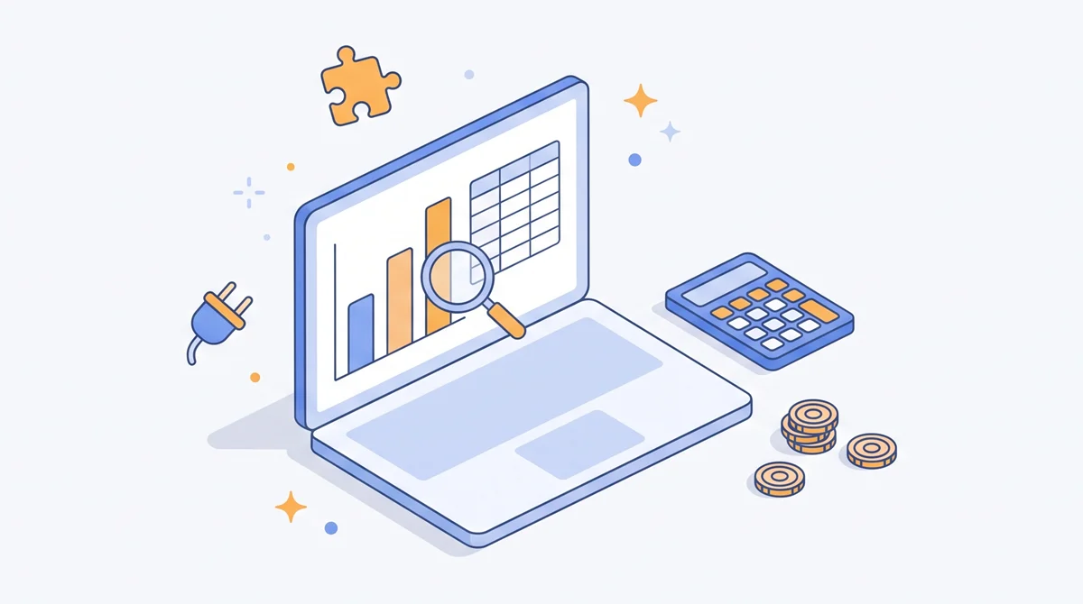 Ilustrasi laptop dengan grafik batang dan tabel spreadsheet di layar, kaca pembesar, kalkulator, koin, ikon colokan, dan kepingan puzzle