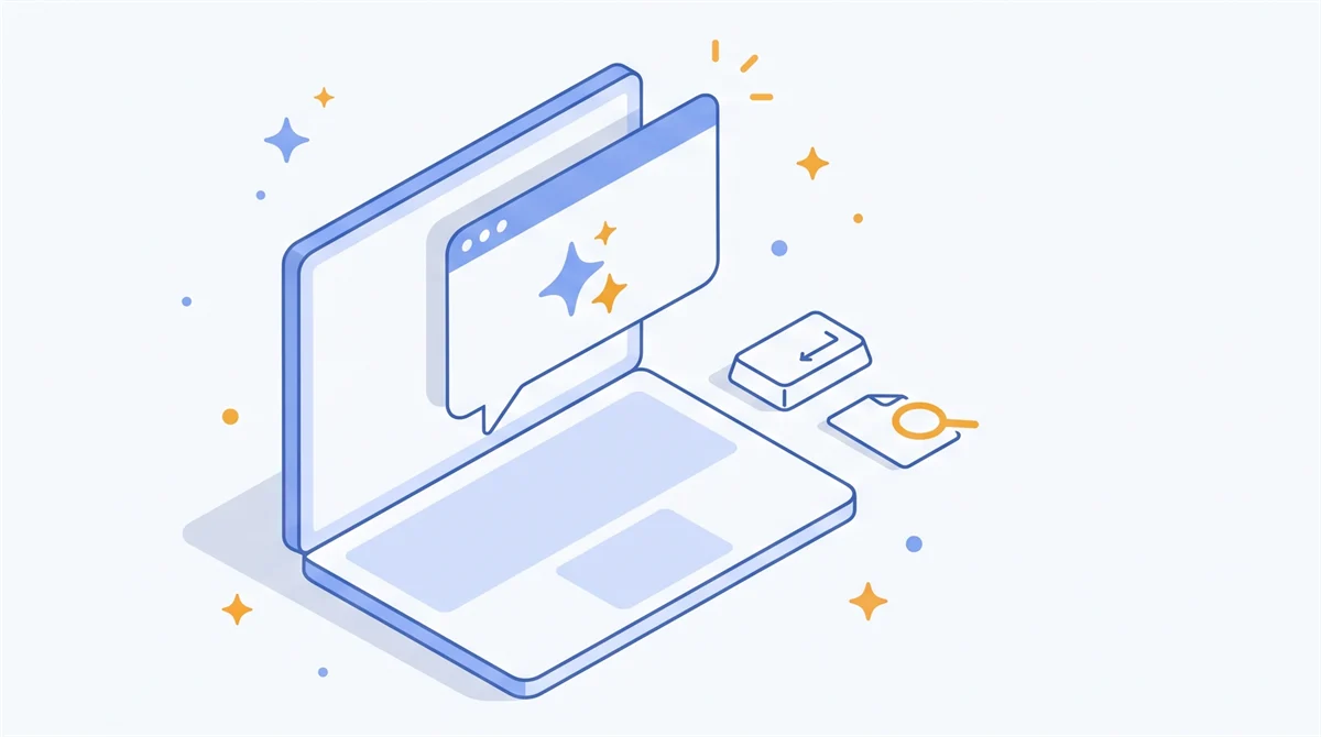 Ilustrasi laptop dengan jendela obrolan berikon bintang, tuts keyboard, dan ikon pencarian file
