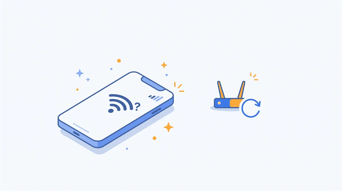 Ilustrasi ponsel dengan simbol wifi bertanda tanya dan router dengan panah melingkar