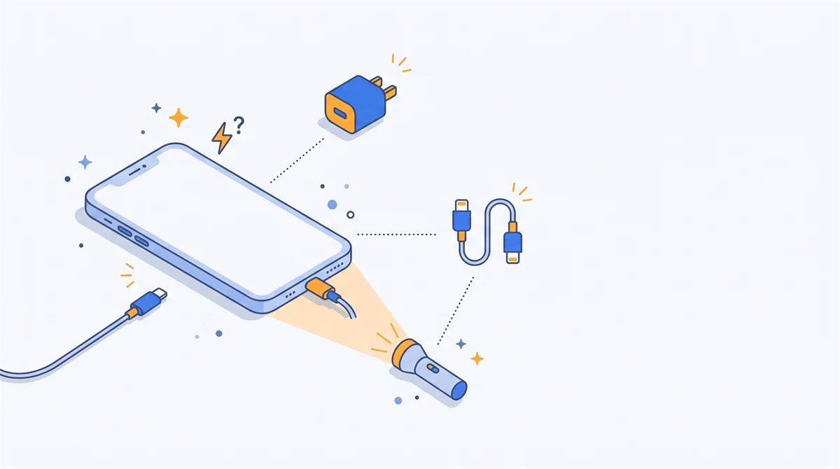 Ilustrasi ponsel dengan kabel pengisi daya, adaptor, dan senter yang menyorot port pengisian, ditambah tanda petir dan tanda tanya