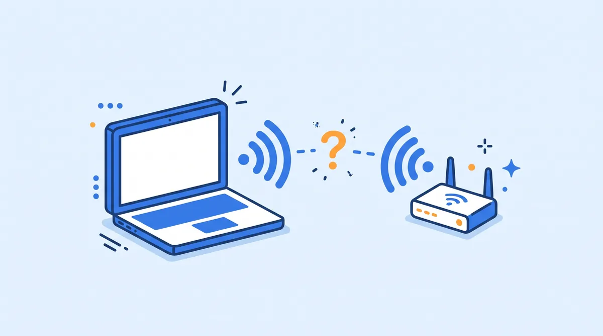 Ilustrasi laptop dan router wifi dengan tanda tanya di antara sinyal yang terputus