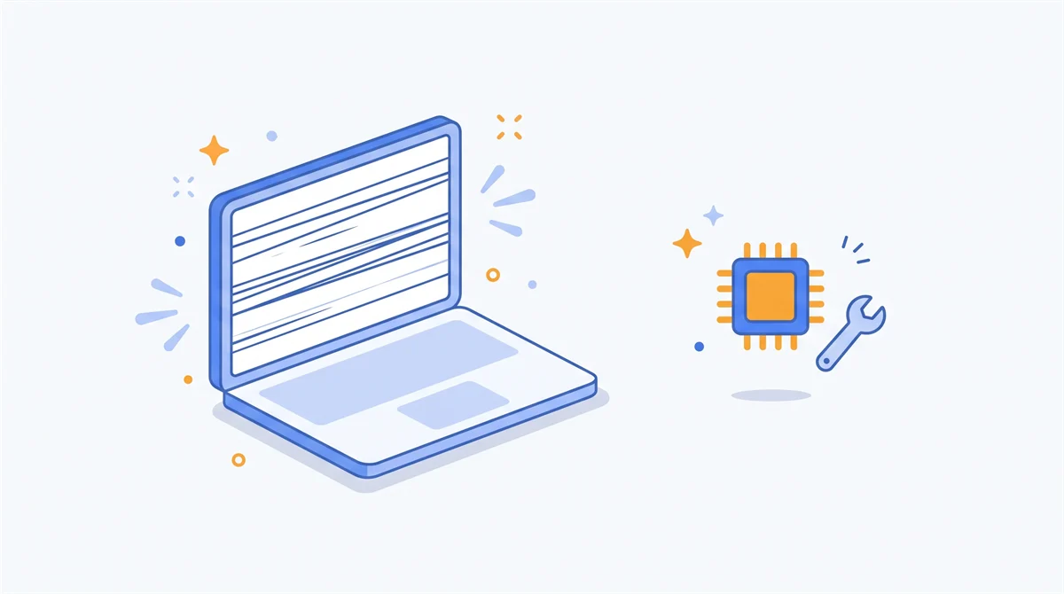 Ilustrasi laptop dengan layar bergaris yang berkedip, ikon chip grafis, dan kunci pas
