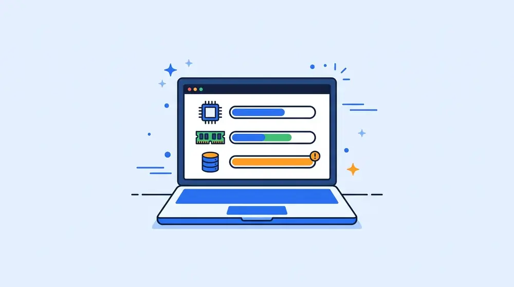 Ilustrasi laptop yang menampilkan penggunaan prosesor, memori, dan penyimpanan dalam bentuk batang