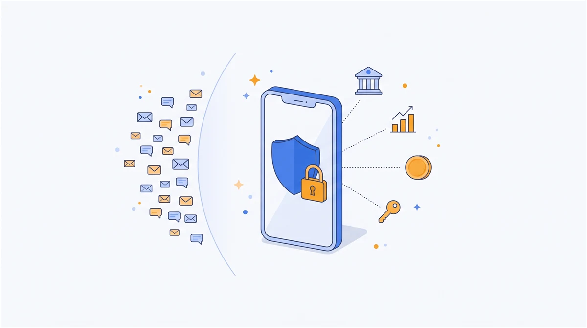 Ilustrasi ponsel dengan perisai dan gembok di layar, dihubungkan ke ikon bank, grafik, koin, dan kunci, sementara ikon amplop dan pesan tertahan di sisi kiri
