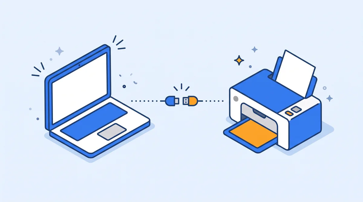 Ilustrasi laptop dan printer dengan kabel yang terputus di antaranya