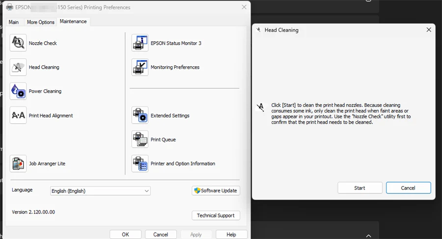 Tab Maintenance di Printing Preferences Epson L3150 dan jendela Head Cleaning yang mengingatkan pembersihan memakai tinta