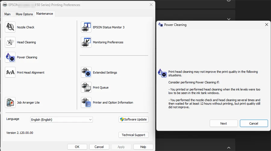 Tab Maintenance di Printing Preferences Epson L3150 dan jendela Power Cleaning yang menjelaskan kapan fitur itu dipertimbangkan