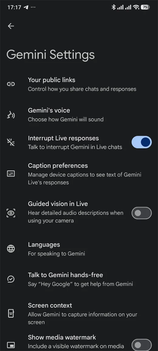 Gemini Settings di Android: Talk to Gemini hands-free (Say Hey Google), Screen context, Languages, dan Interrupt Live responses
