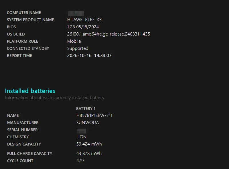 Laporan baterai Windows dari powercfg /batteryreport pada laptop Huawei: kapasitas desain 59.424 mWh, kapasitas isi penuh 43.878 mWh, siklus pengisian 479