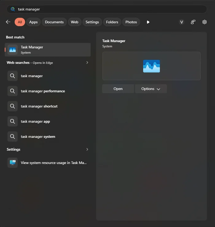 Hasil pencarian Start Windows 11 untuk kata task manager dengan tombol Open