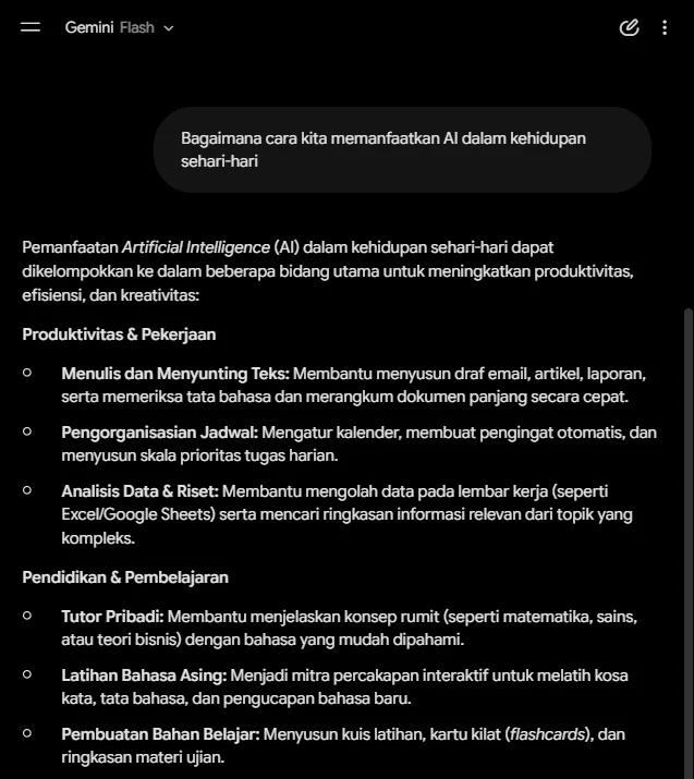 Gemini menjawab pertanyaan yang jelas tentang pemanfaatan AI dalam kehidupan sehari-hari dengan jawaban terstruktur per bidang