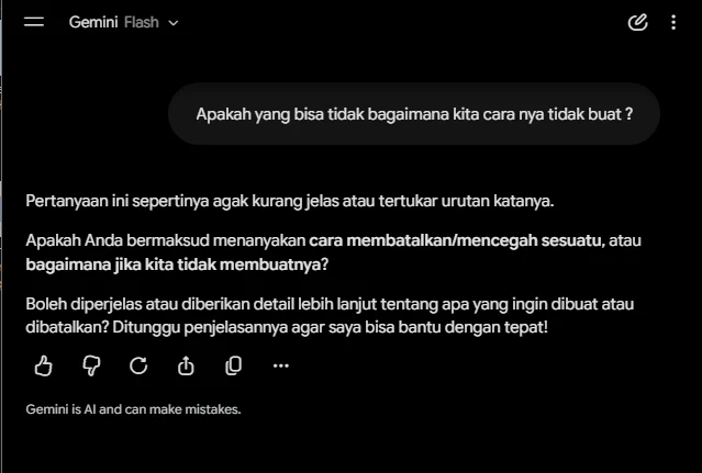 Gemini membalas prompt yang acak dengan meminta penjelasan karena pertanyaannya kurang jelas