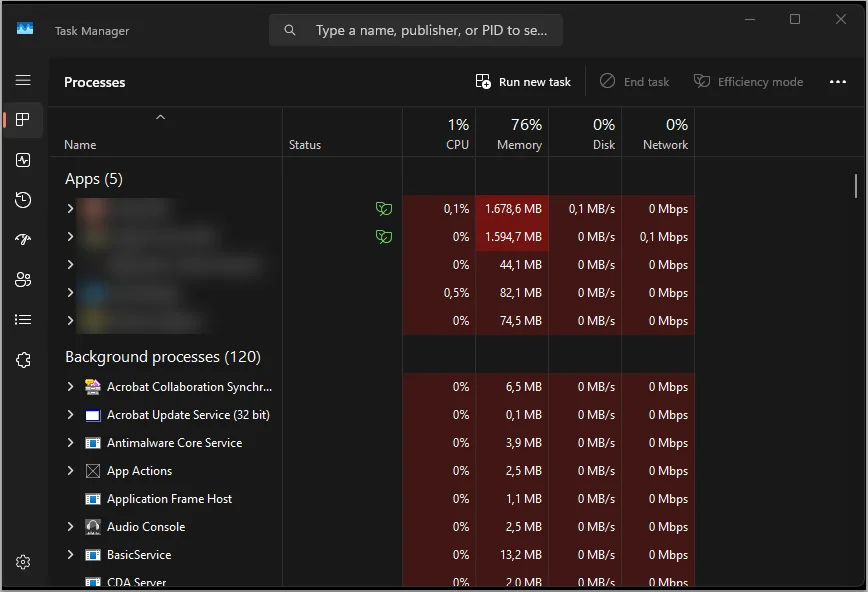 Task Manager Windows 11 tab Processes menampilkan pemakaian CPU 1 persen, memori 76 persen, dan disk 0 persen, dengan nama aplikasi diburamkan