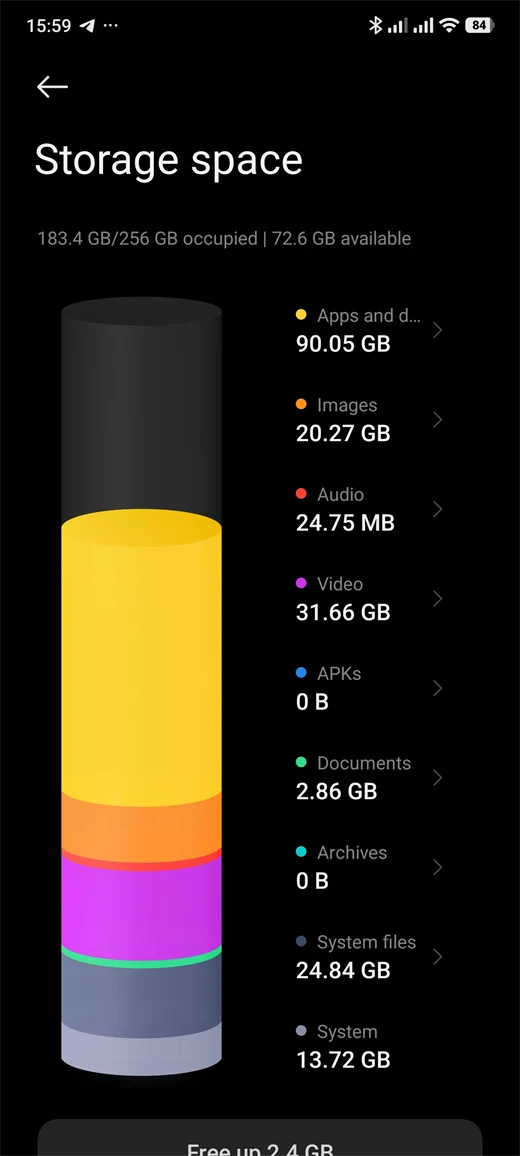 Layar Storage space Xiaomi 13T: 183,4 GB dari 256 GB terpakai dan 72,6 GB tersedia, dengan rincian per kategori dan tombol Free up 2.4 GB